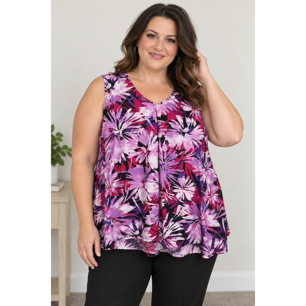 Catherines Top Women's 3X Floral V-Neck Layered Sleeveless Pink Purple